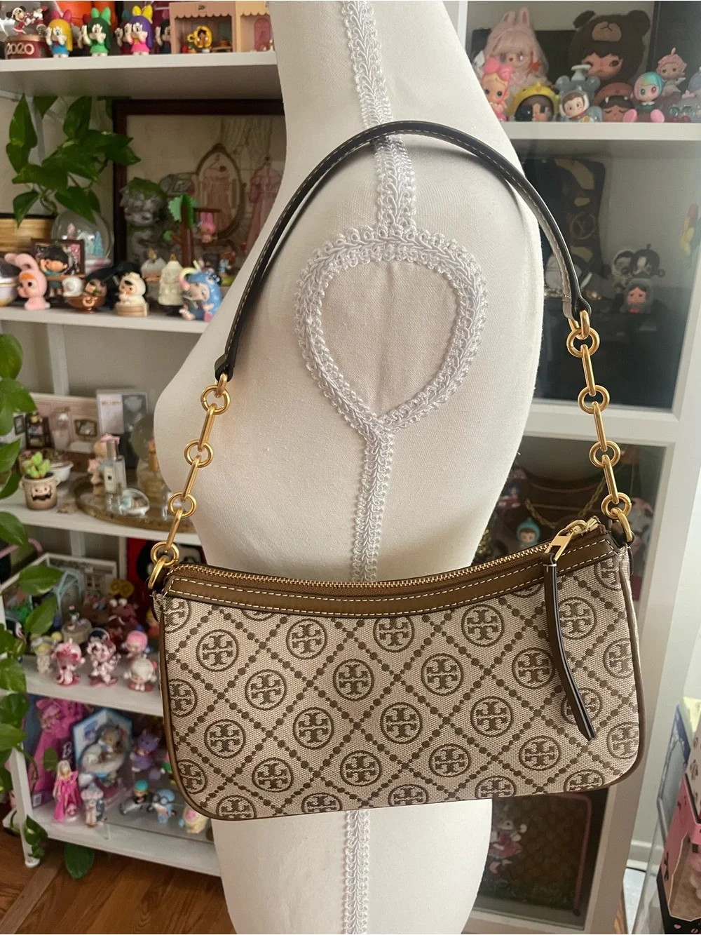 Tory Burch T Monogram Jacquard Shoulder Crossbody Bag Brown Gold